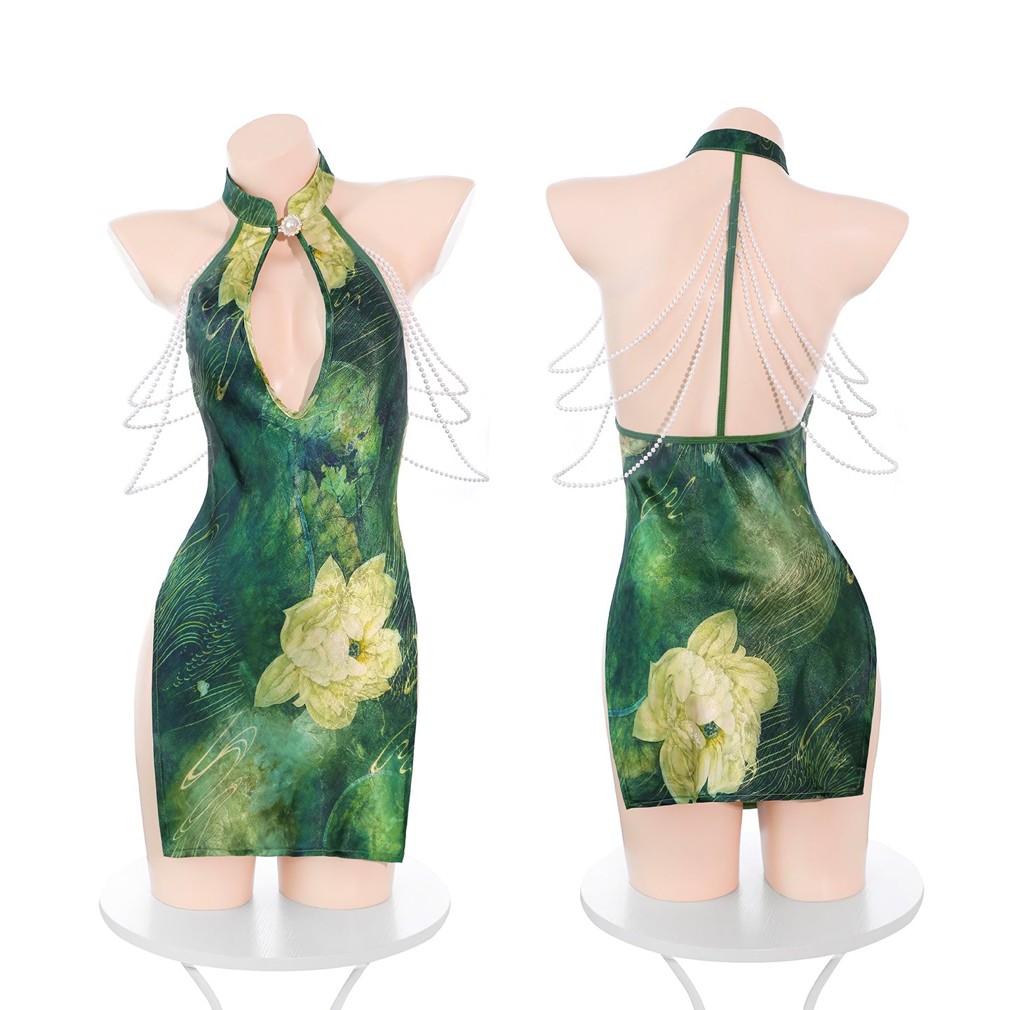 Sexy Green Lotus Cheongsam Dress with Pearl Details, Women's Sexy Green Lotus Print Cheongsam Mini Dress - Halter Neck Qipao