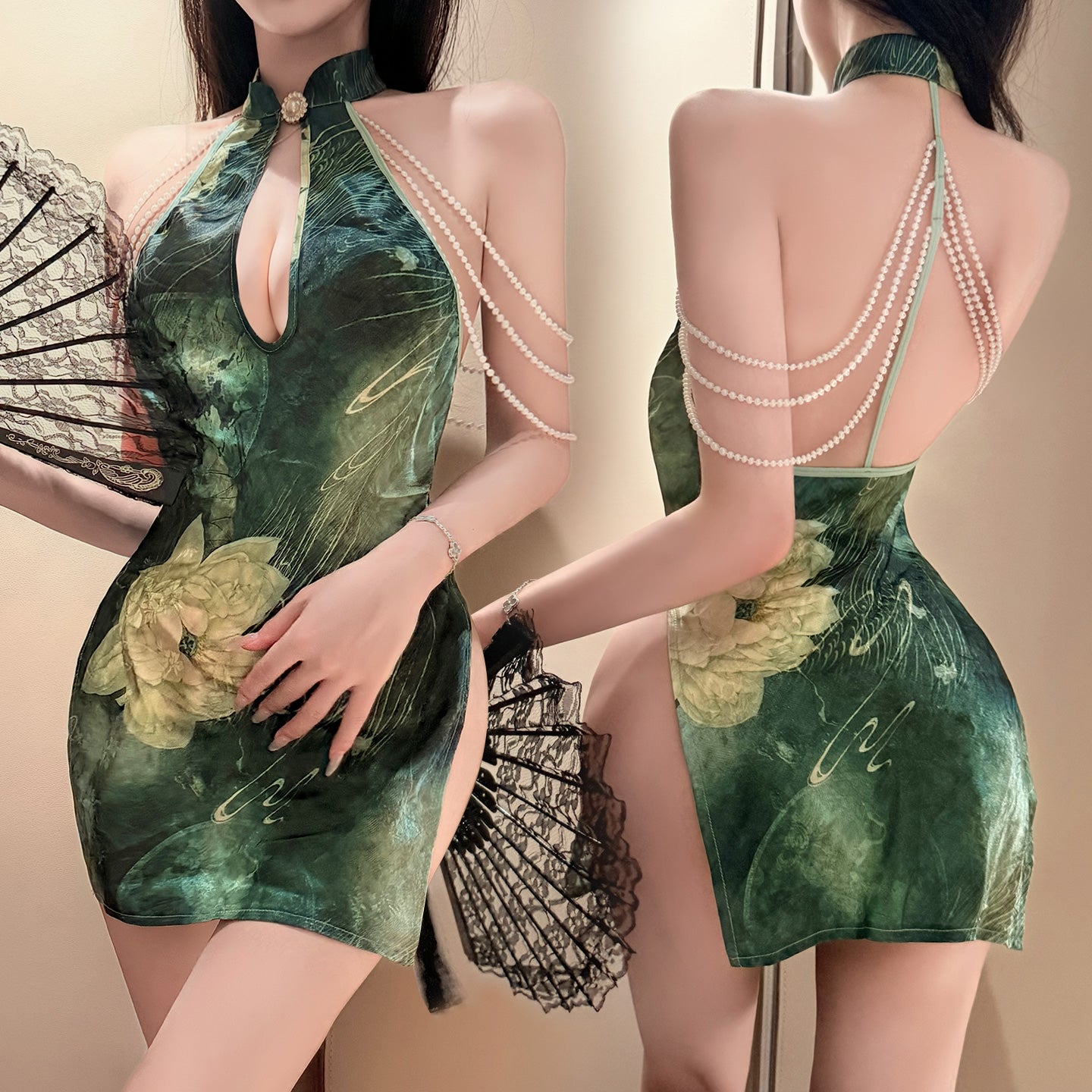 Sexy Green Lotus Cheongsam Dress with Pearl Details, Women's Sexy Green Lotus Print Cheongsam Mini Dress - Halter Neck Qipao