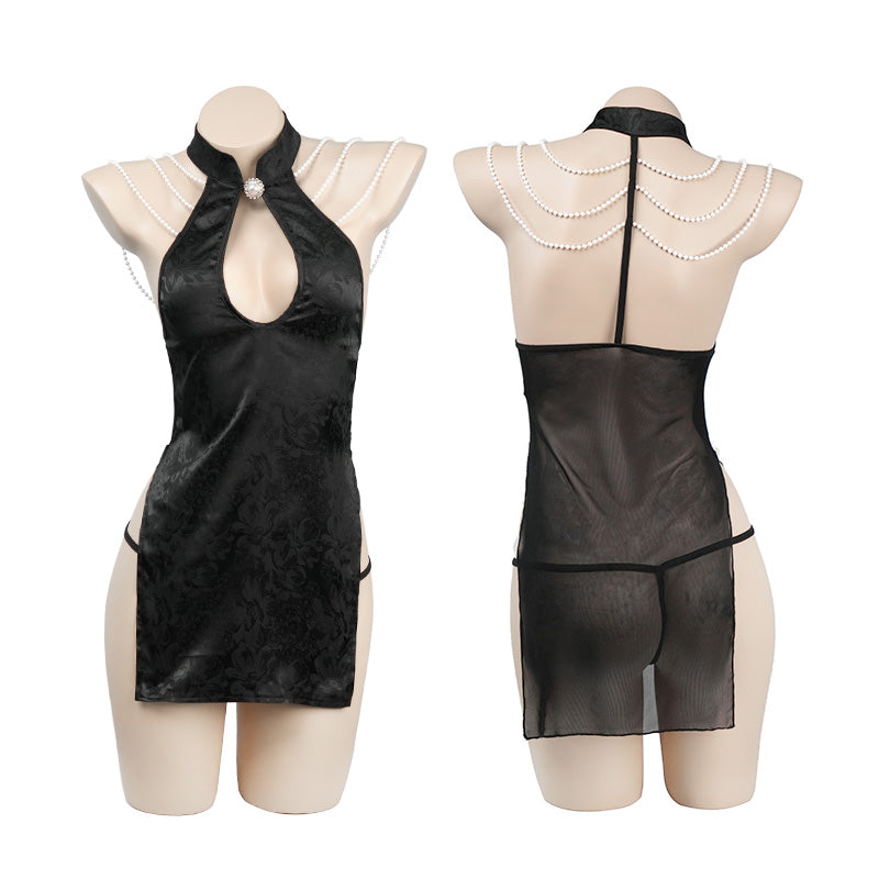 Casino Night Seduction Cheongsam - Dealer's Choice Halter Mini Dress, Alluring Deep V Halter Cheongsam Dress