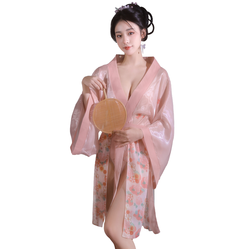 Women's Sexy Hanfu Lingerie Robe Set, Elegant Sheer Hanfu Kimono with Floral Print