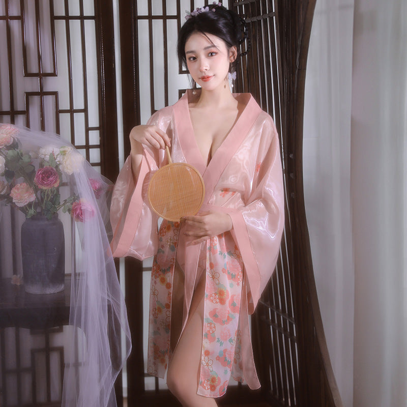 Women's Sexy Hanfu Lingerie Robe Set, Elegant Sheer Hanfu Kimono with Floral Print