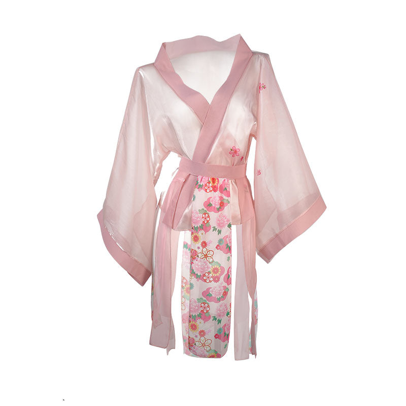 Women's Sexy Hanfu Lingerie Robe Set, Elegant Sheer Hanfu Kimono with Floral Print