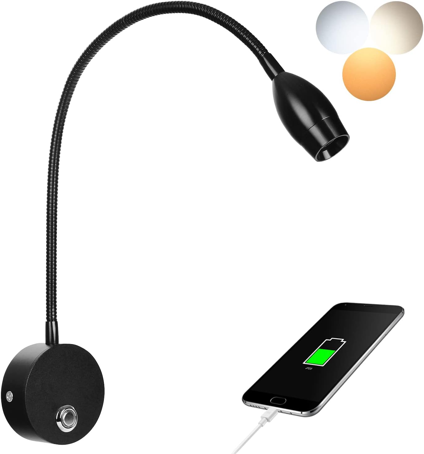Adust Wall Mounted Reading Light Set, Wall Reading Light, Bed Headboard Reading Light Dimmable Touch Control, USB Output, 3 Color Temperature (Black 1-Pack)