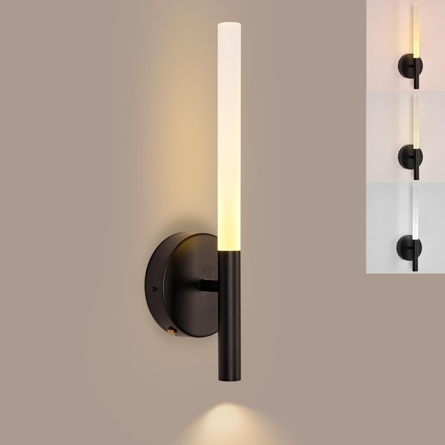 15.3" Black Battery Operated Wall Sconces, Rechargeable Battery Wall Sconce with Remote, Dimmable 3 Color LED Wireless Wall Lights, 350° Full Lighting, Timer & Memory Function