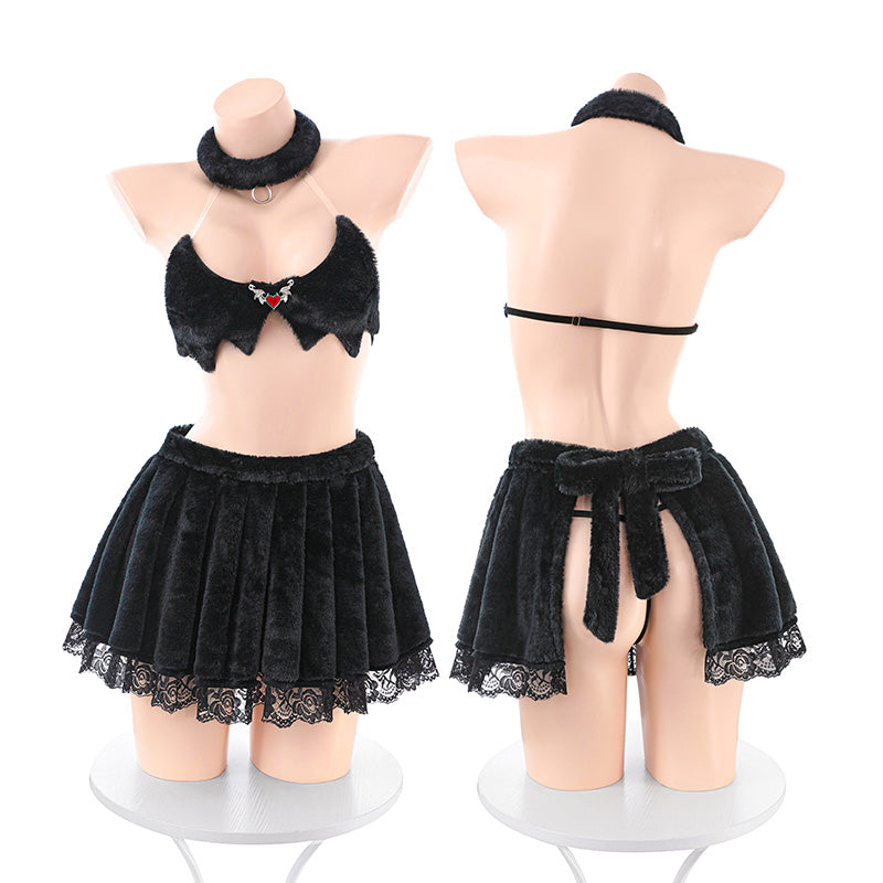 Women's Gothic Succubus Bare Back Lace Bodysuit with Ruffle Skirt - Sexy Cosplay Lingerie Hunting Outfit