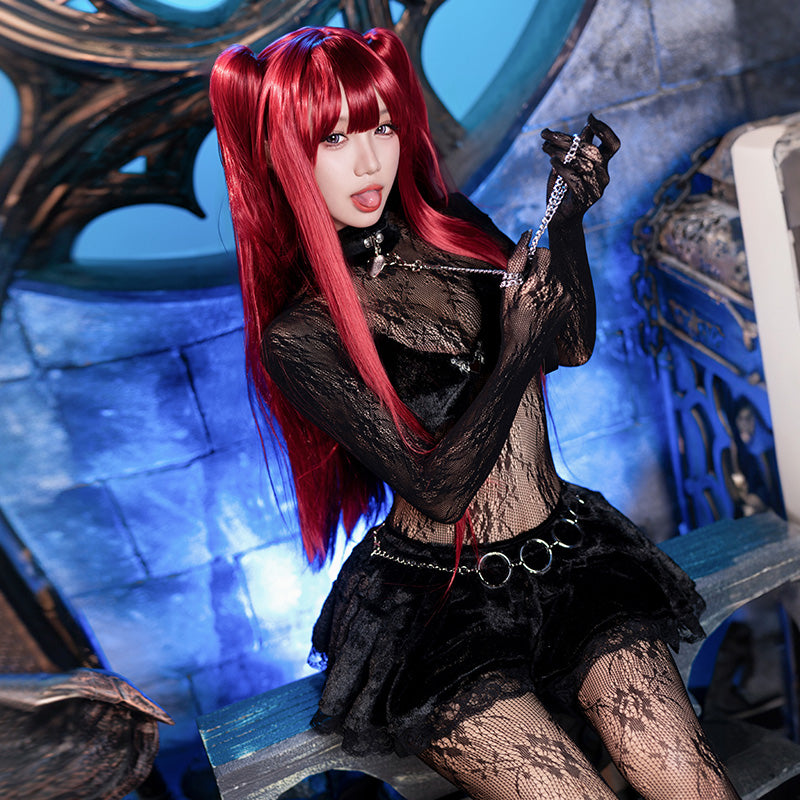 Women's Gothic Succubus Bare Back Lace Bodysuit with Ruffle Skirt - Sexy Cosplay Lingerie Hunting Outfit