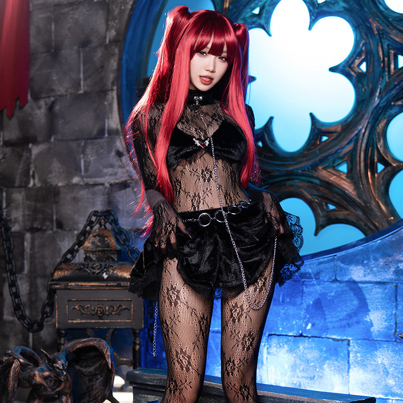 Women's Gothic Succubus Bare Back Lace Bodysuit with Ruffle Skirt - Sexy Cosplay Lingerie Hunting Outfit