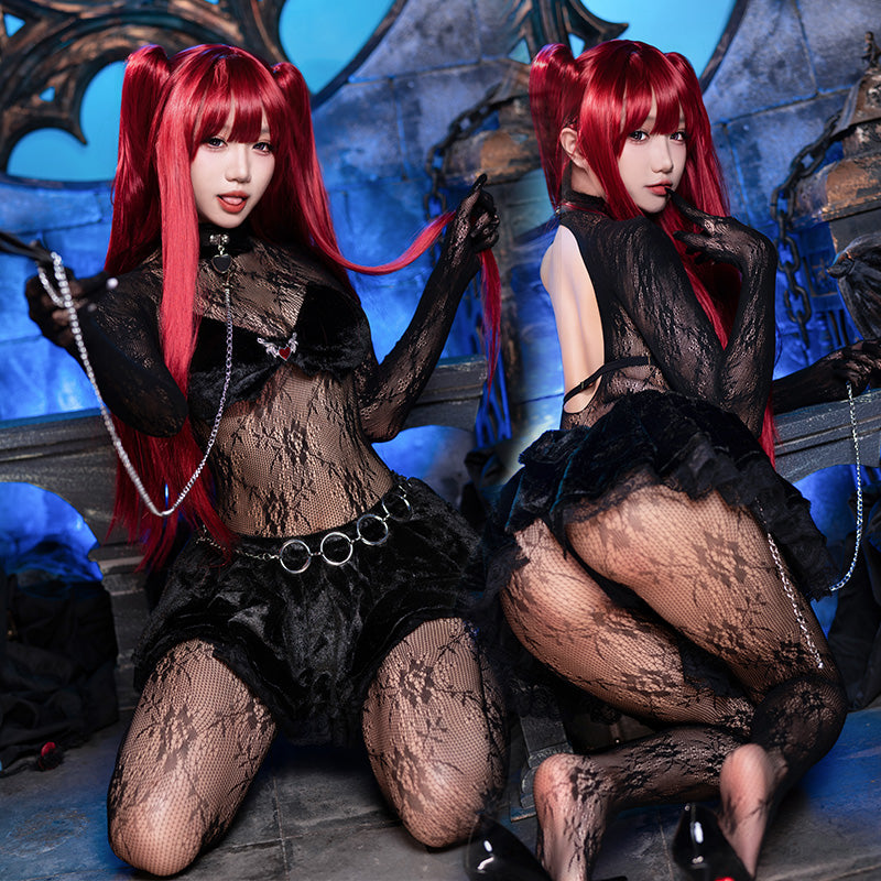 Women's Gothic Succubus Bare Back Lace Bodysuit with Ruffle Skirt - Sexy Cosplay Lingerie Hunting Outfit
