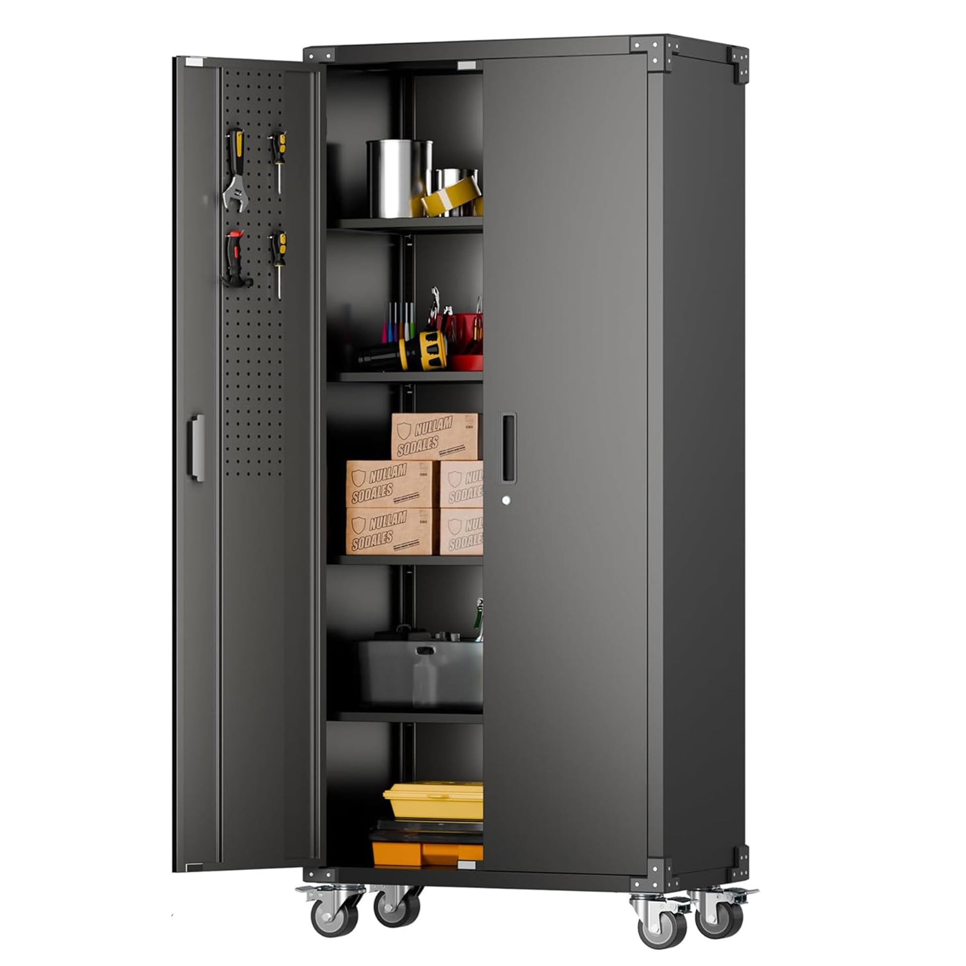 Aobabo 73''H Metal Garage Storage Cabinet with Wheels,Steel Cabinets with 2 Doors and 4 Adjustable Shelves for Home Office,Required Assembly,Black