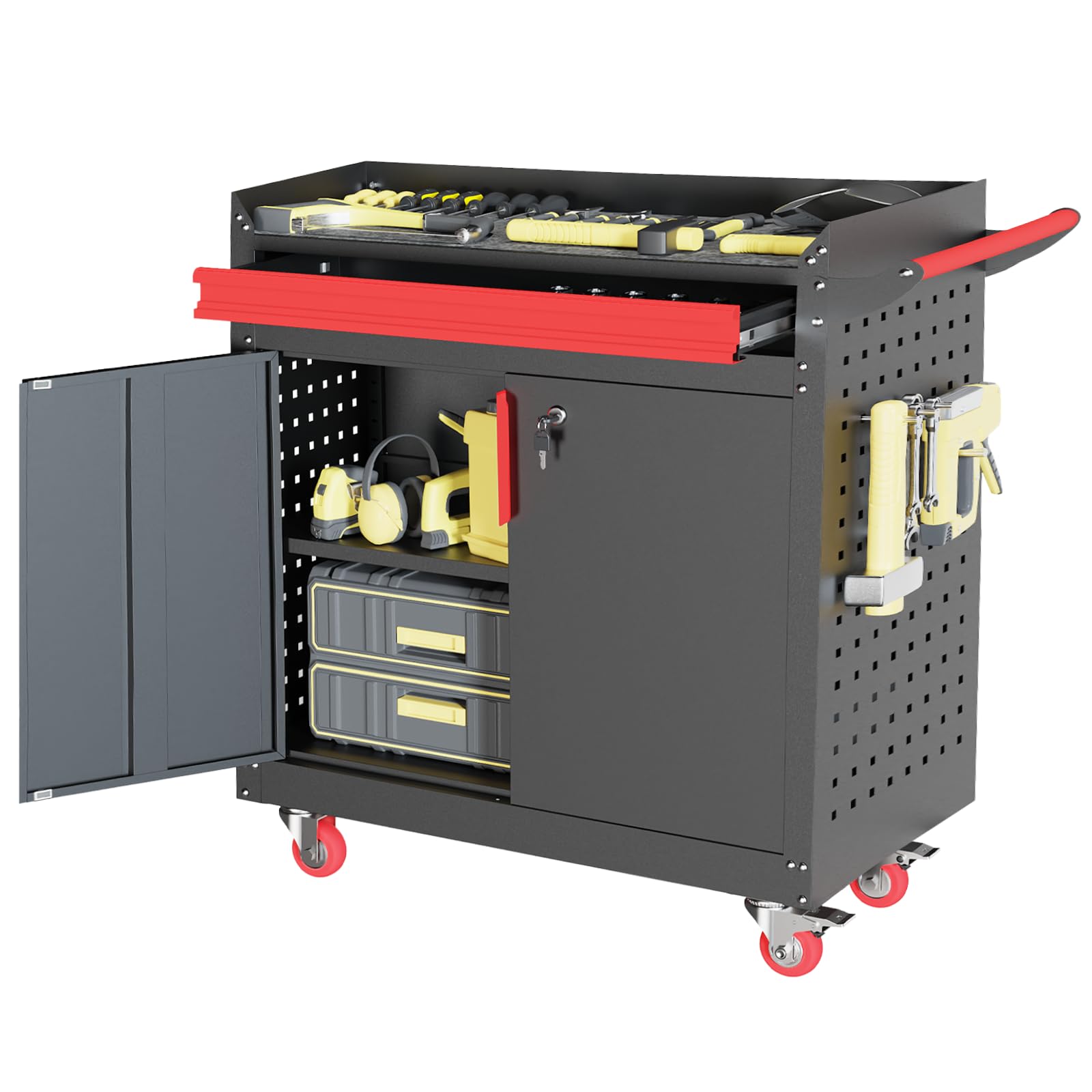 Metal Garage Storage Cabinet, Tall Garage Cabinets with 5 Adjustable Shelves, Steel Tool Storage Cabinet with Wheels,Lockable Heavy Duty Metal Cabinets for Home, Warehouse,Basement