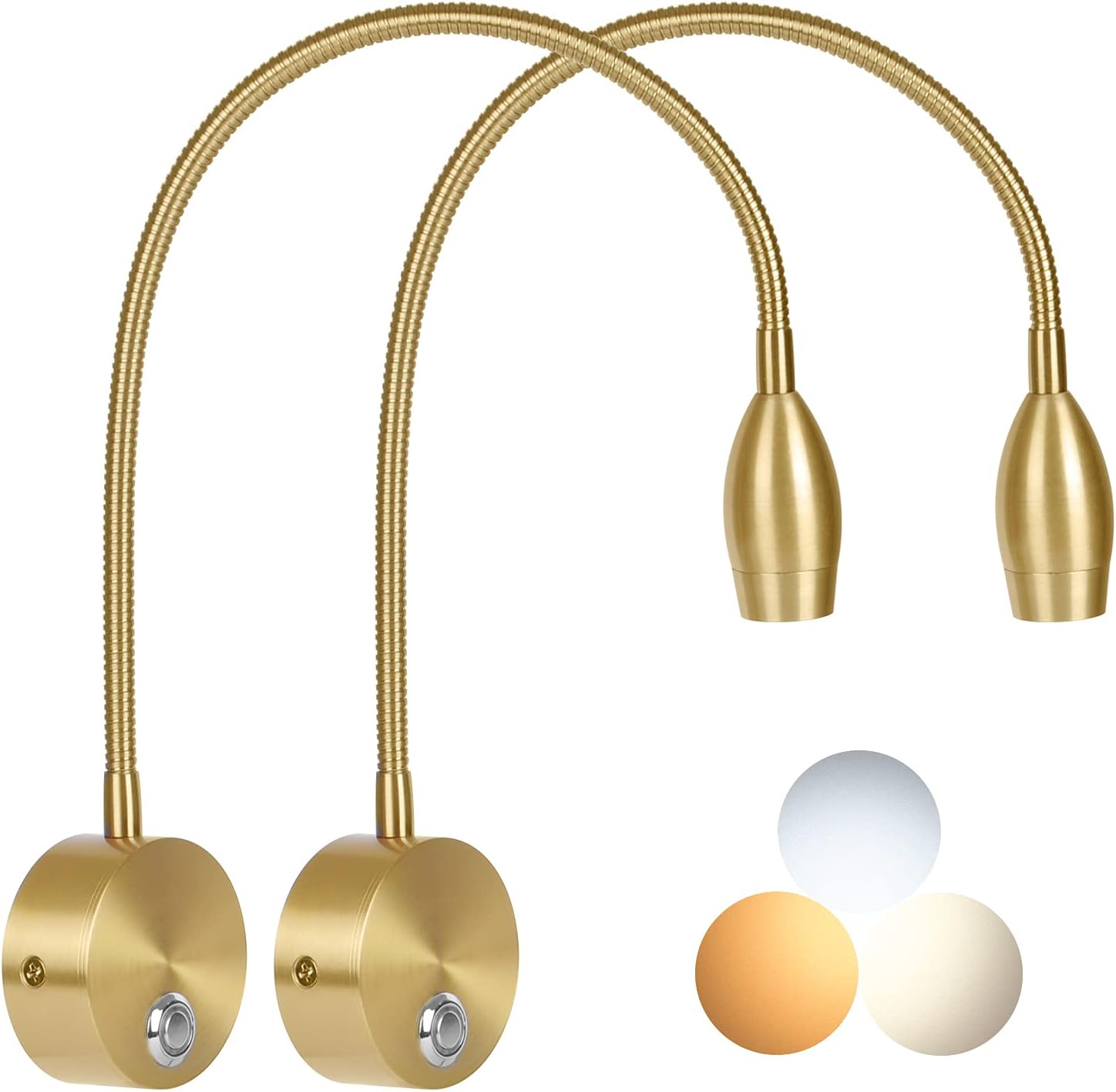 Adust Bedside Reading Light, Bedroom Reading Lamp, 3W LED Touch Dimmable Brightness Minimalist Wall Headboard Reading Lamp, Adjustable Colour Temperature, 3000k, 4000k, 6000k (Gold (2-Pack))