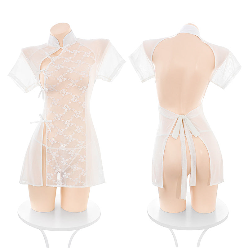 Generate a product title for this sexy cheongsam - Sheer Lace Keyhole Cheongsam Mini Dress with Thong