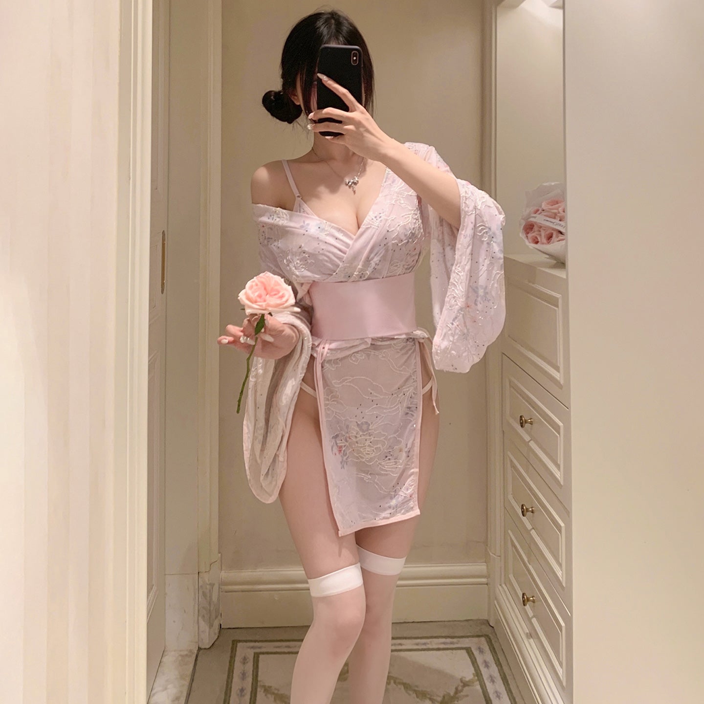 Seductive Side-Opening Japanese Kimono Mini Dress, Ignite Romance: Sheer Floral Kimono and Panty Set