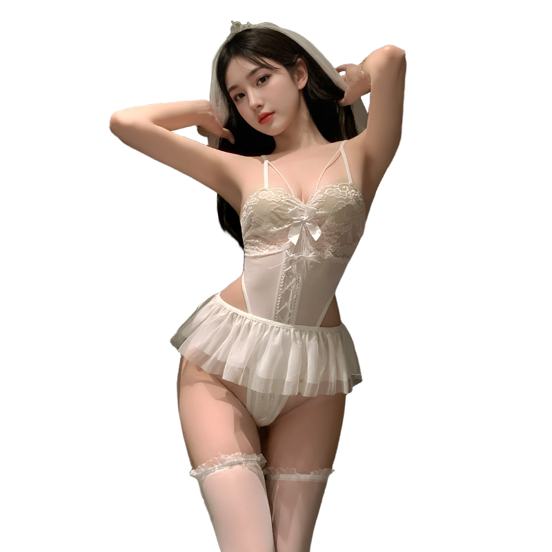 Women's Erotic Lace Bridal Lingerie Set - Sheer Mini Skirt & Bodysuit Honeymoon Outfit