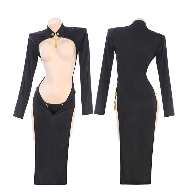 Midnight Temptation" Sexy Front Slit Cheongsam - Alluring Bodycon Gown - "Oriental Charm" Open Front Cheongsam