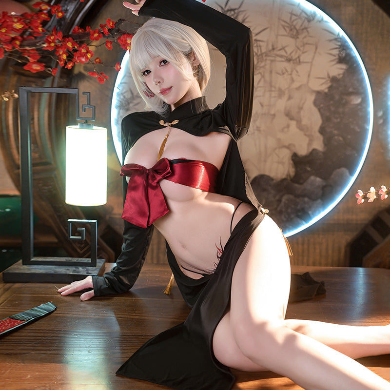 Midnight Temptation" Sexy Front Slit Cheongsam - Alluring Bodycon Gown - "Oriental Charm" Open Front Cheongsam
