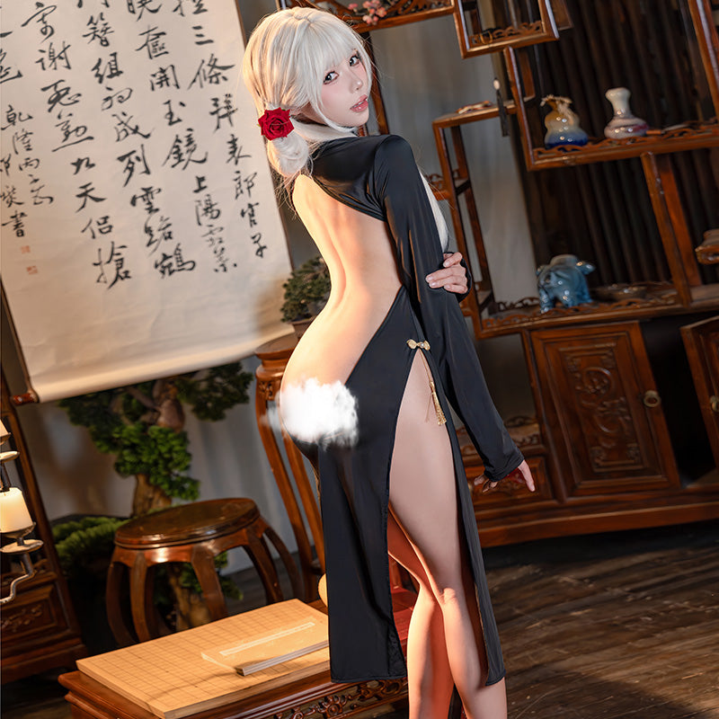 Midnight Temptation" Sexy Front Slit Cheongsam - Alluring Bodycon Gown - "Oriental Charm" Open Front Cheongsam