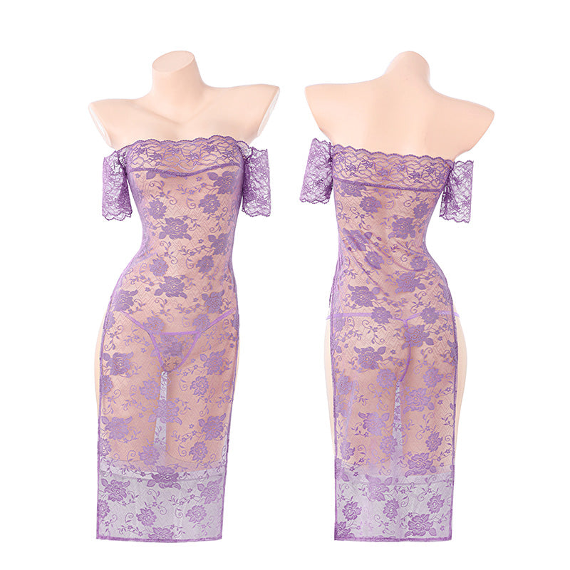 Alluring Rose-Perspective Lace Cheongsam - See-Through Slit Maxi - Oriental Charm Sheer Lace Cheongsam