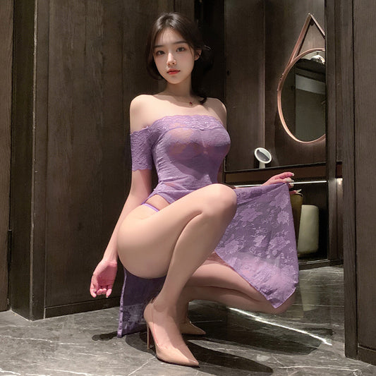 Alluring Rose-Perspective Lace Cheongsam - See-Through Slit Maxi - Oriental Charm Sheer Lace Cheongsam