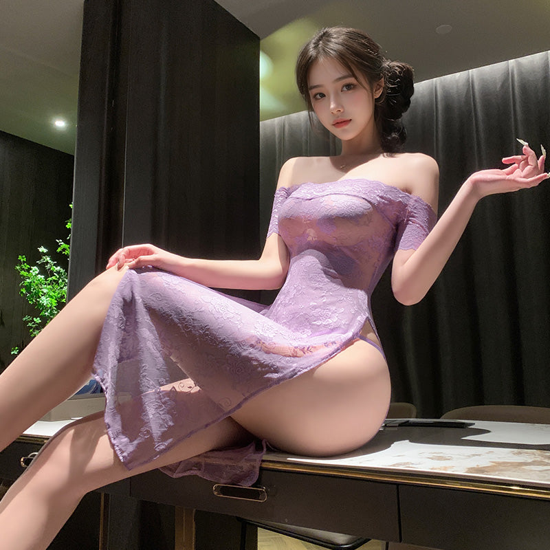 Alluring Rose-Perspective Lace Cheongsam - See-Through Slit Maxi - Oriental Charm Sheer Lace Cheongsam