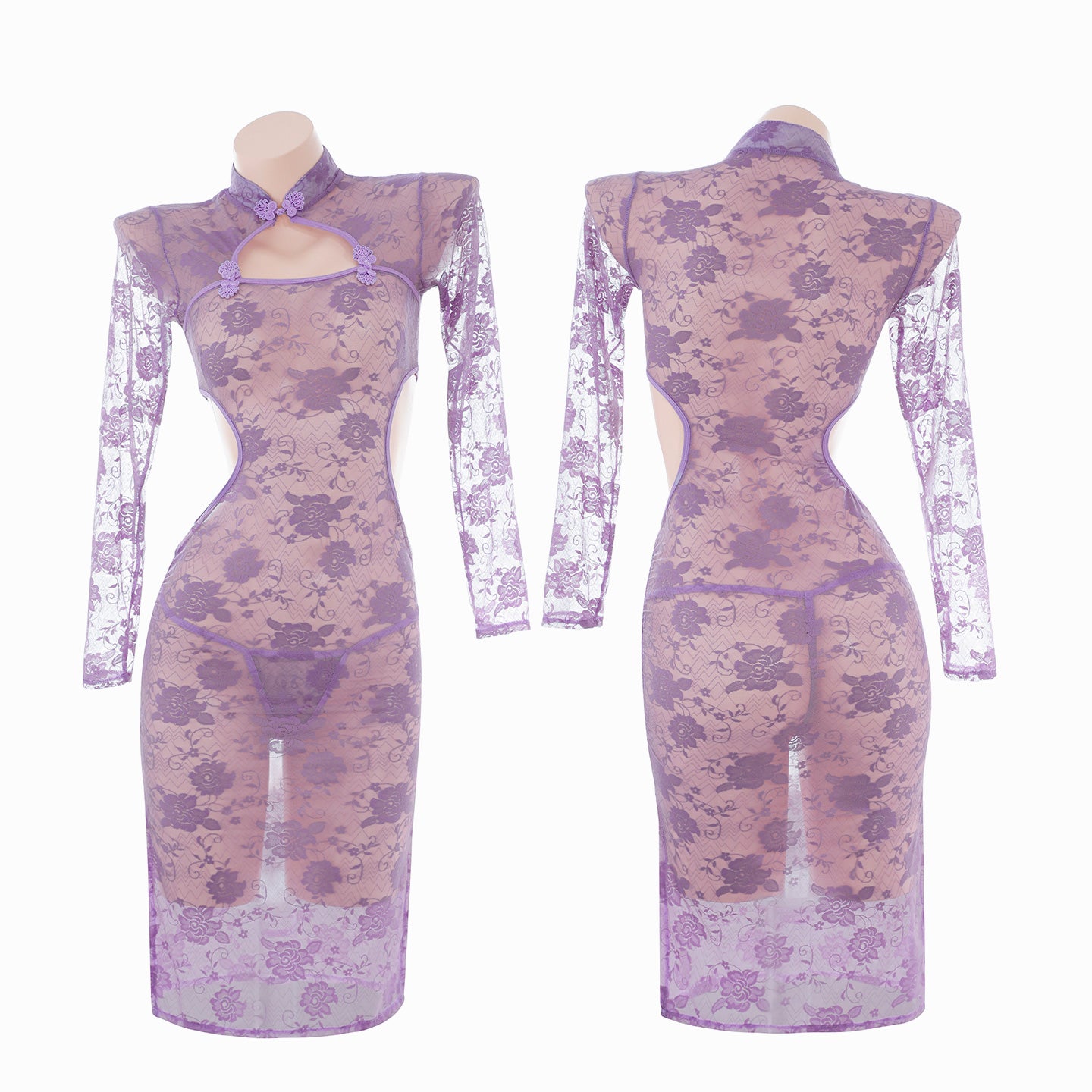 Sultry Purple Cheongsam - Sheer Floral Lace Party Dress, Bodycon Purple Lace Cheongsam with Cutouts