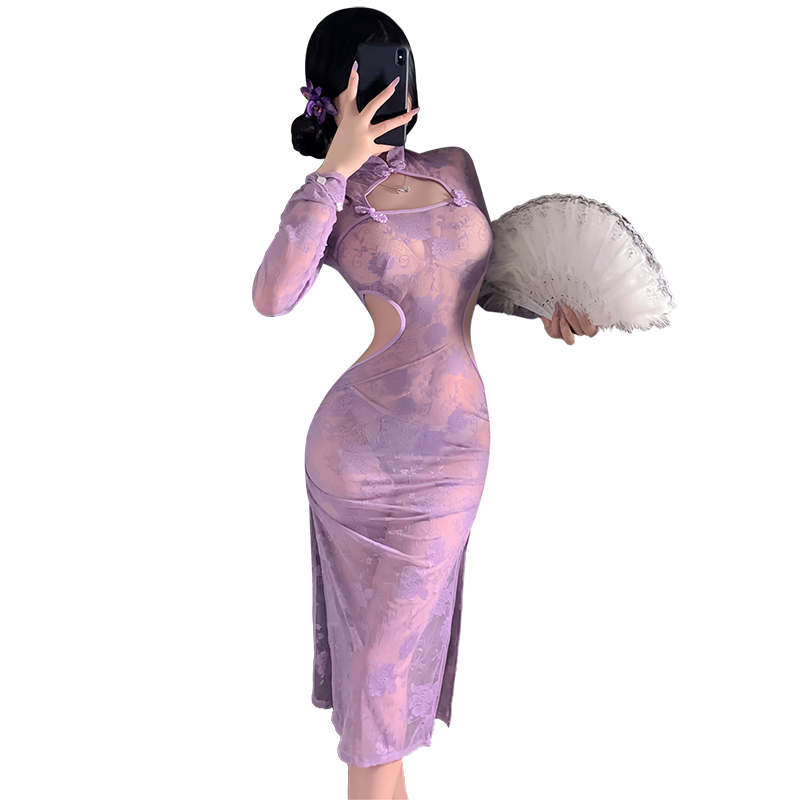 Sultry Purple Cheongsam - Sheer Floral Lace Party Dress, Bodycon Purple Lace Cheongsam with Cutouts