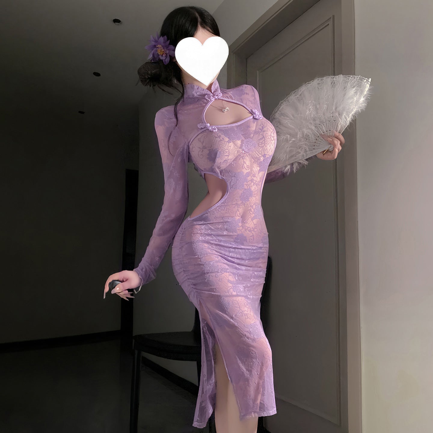 Sultry Purple Cheongsam - Sheer Floral Lace Party Dress, Bodycon Purple Lace Cheongsam with Cutouts
