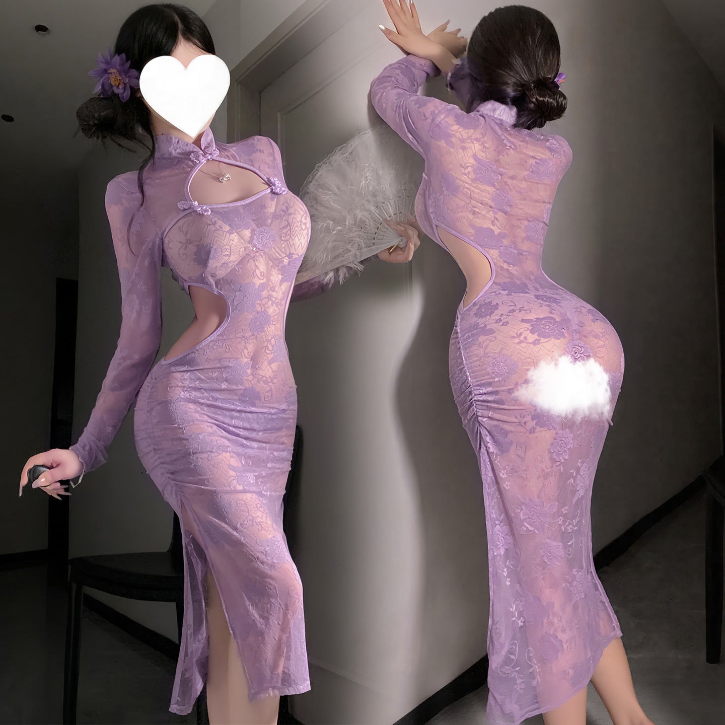 Sultry Purple Cheongsam - Sheer Floral Lace Party Dress, Bodycon Purple Lace Cheongsam with Cutouts