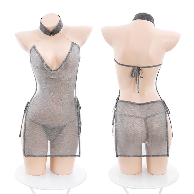 Elegant Chiffon & Lace Strappy Backless Cheongsam - See-Through Slit Mini Dress
