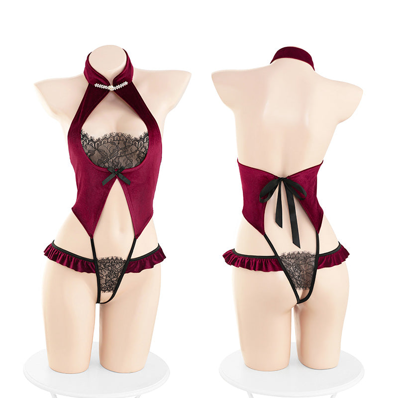 Sexy Velvet & Lace Halter Crotchless Teddy - Alluring Cheongsam Style Lingerie