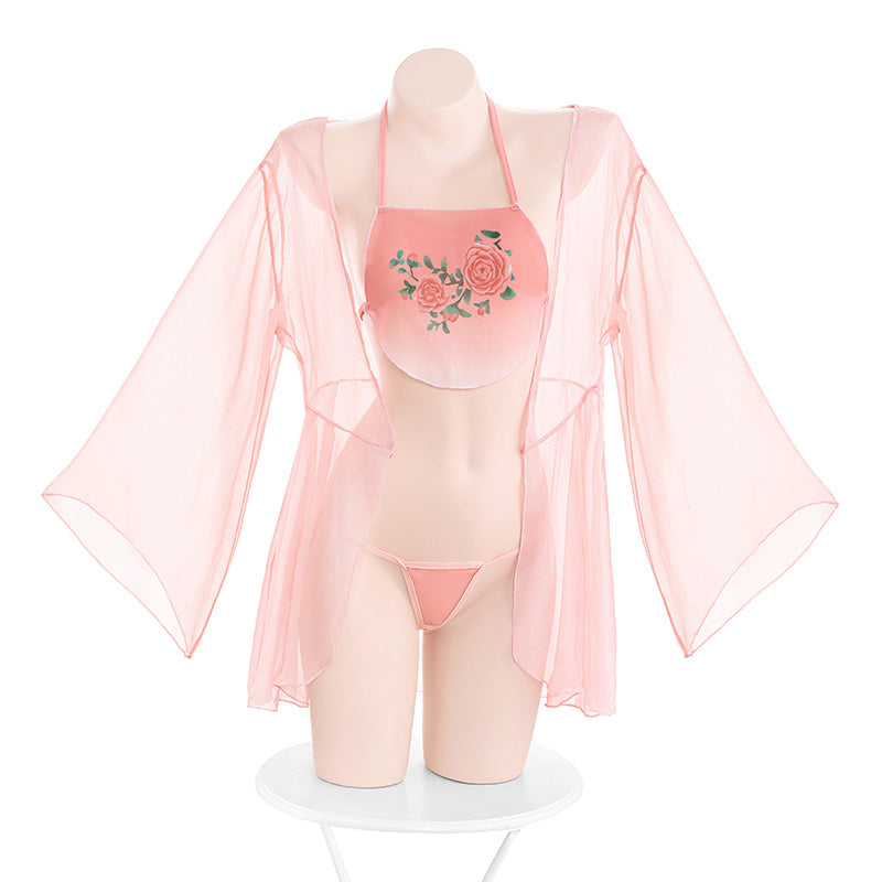 Oriental Blossom Embroidered Bellyband Lingerie - Classic Embroidered Bellyband Sexy Lingerie Set