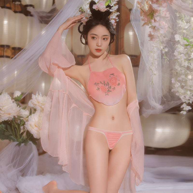 Oriental Blossom Embroidered Bellyband Lingerie - Classic Embroidered Bellyband Sexy Lingerie Set