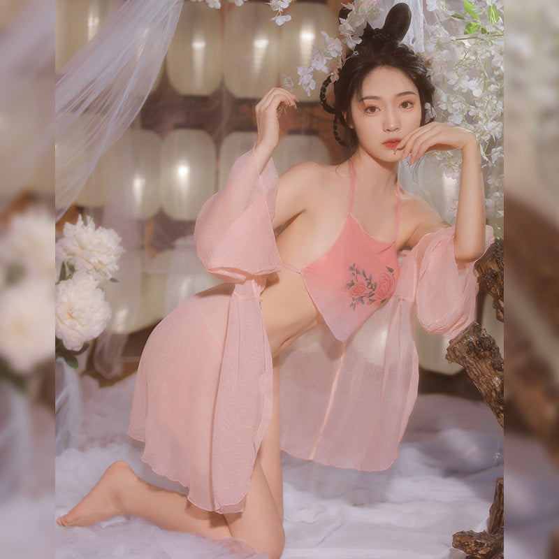 Oriental Blossom Embroidered Bellyband Lingerie - Classic Embroidered Bellyband Sexy Lingerie Set