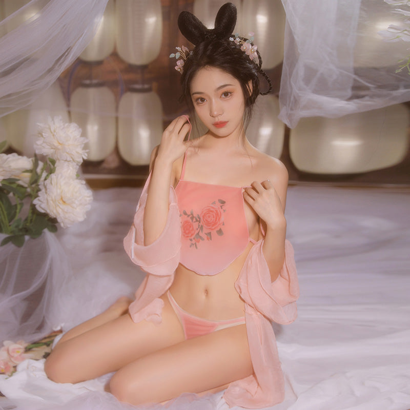 Oriental Blossom Embroidered Bellyband Lingerie - Classic Embroidered Bellyband Sexy Lingerie Set