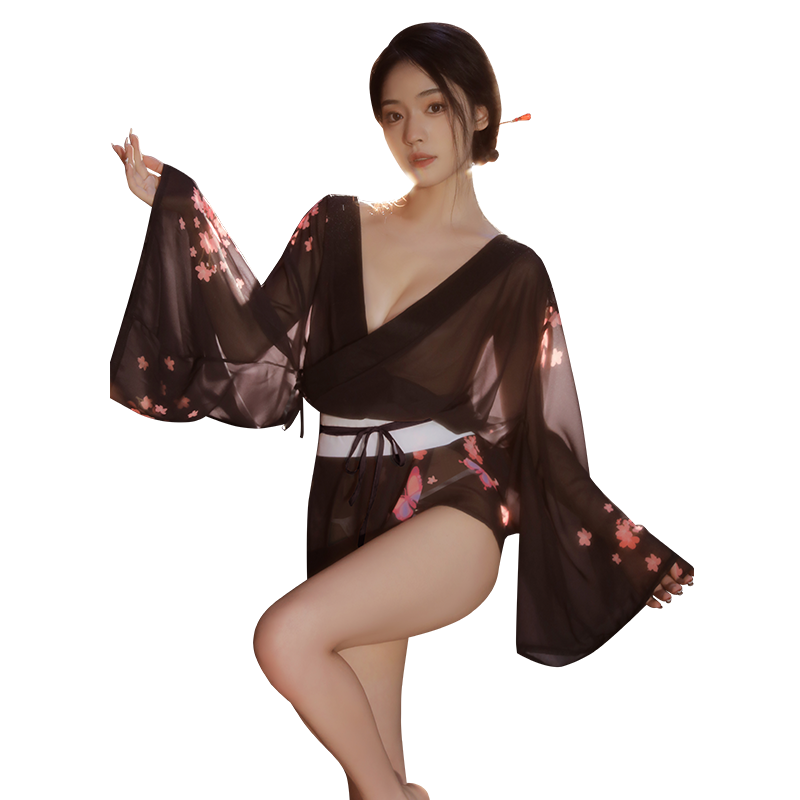 Enchanting Cherry Blossom Sheer Kimono Lingerie Set - Sexy See-Through Robe & G-String