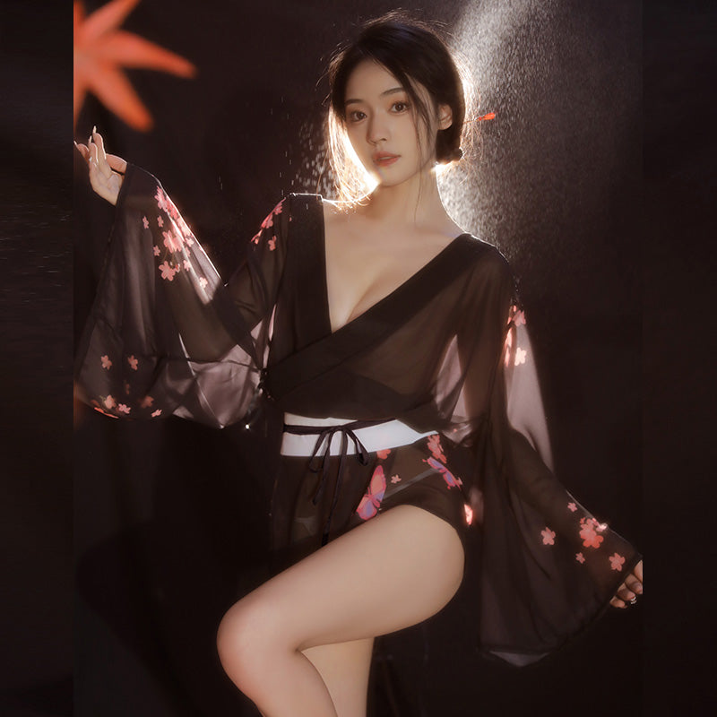 Enchanting Cherry Blossom Sheer Kimono Lingerie Set - Sexy See-Through Robe & G-String