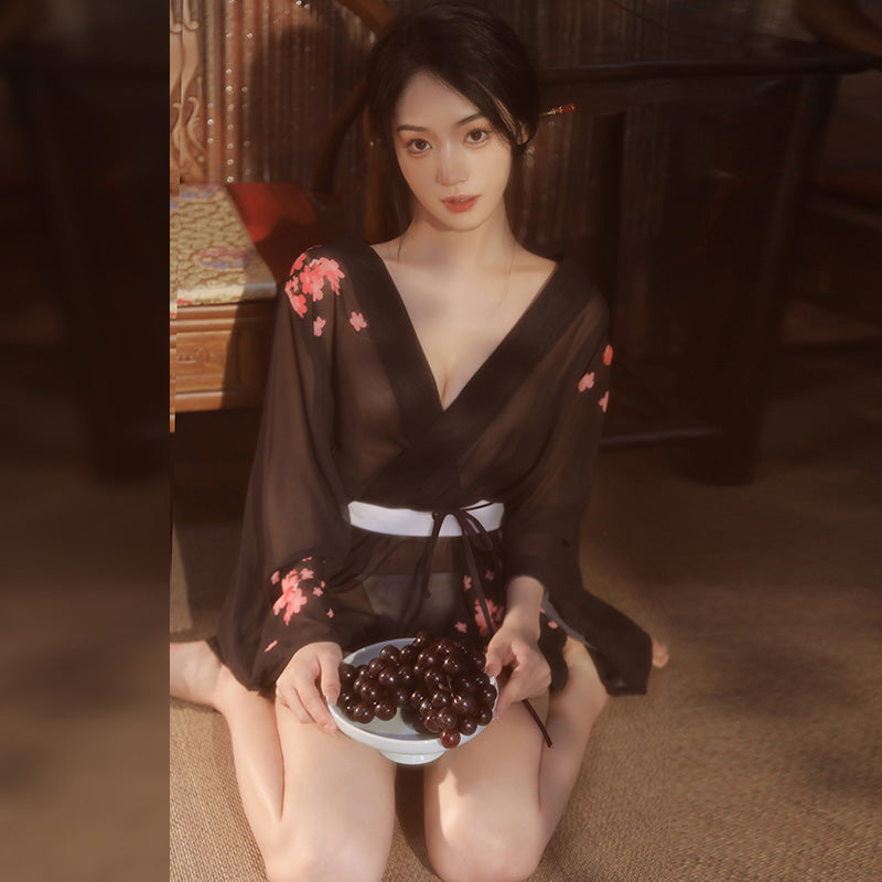 Enchanting Cherry Blossom Sheer Kimono Lingerie Set - Sexy See-Through Robe & G-String