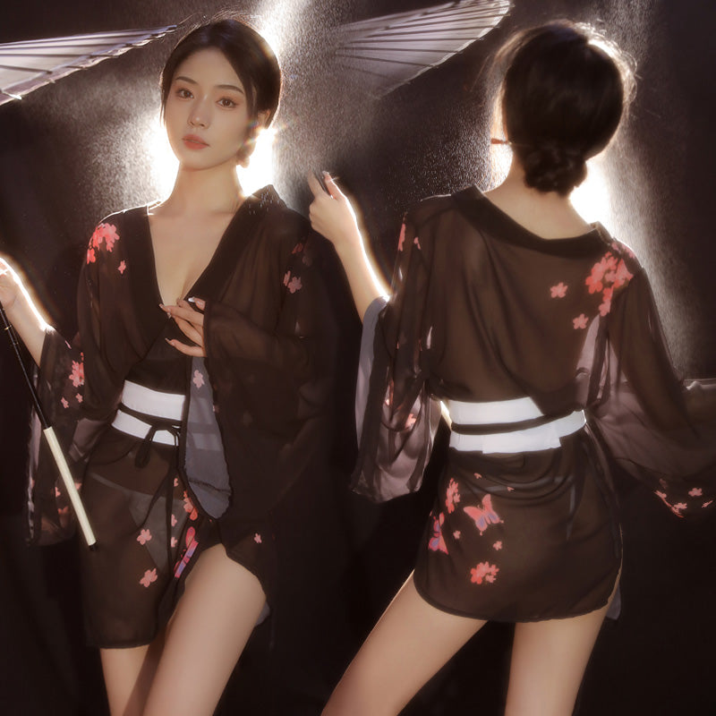 Enchanting Cherry Blossom Sheer Kimono Lingerie Set - Sexy See-Through Robe & G-String