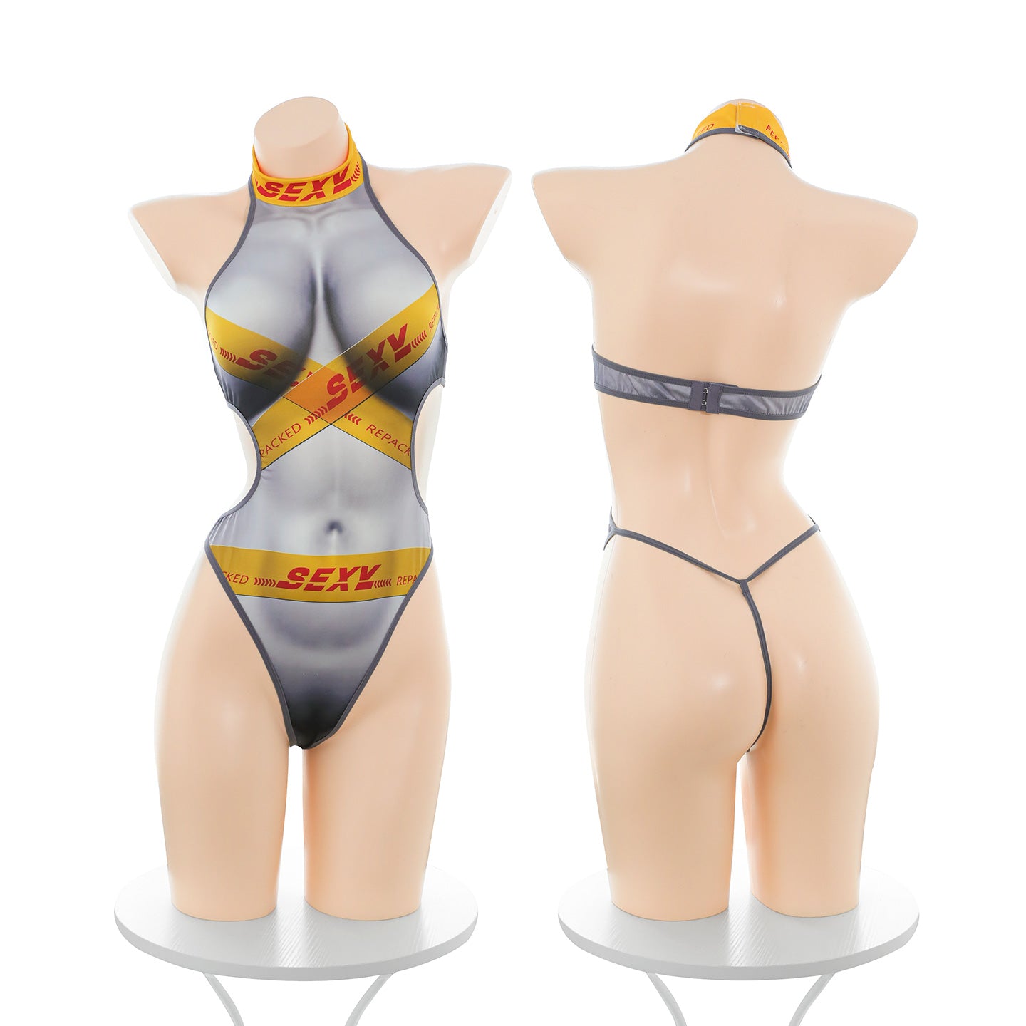 Faux Duct Tape Bondage Style Print Bodysuit for Women - Sexy Halter Neck Cutout One-Piece Lingerie