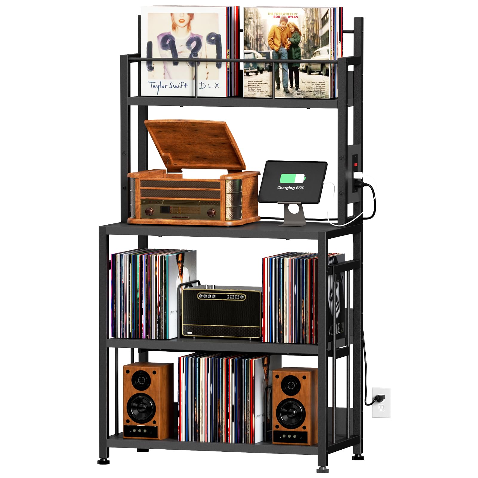 EasyCom Record Player Stand with Vinyl Storage, Turntable Stand Holds Up to 300 Albums, Large Record Player Table with Charge Station, Vinyl Record Stand for Living Room