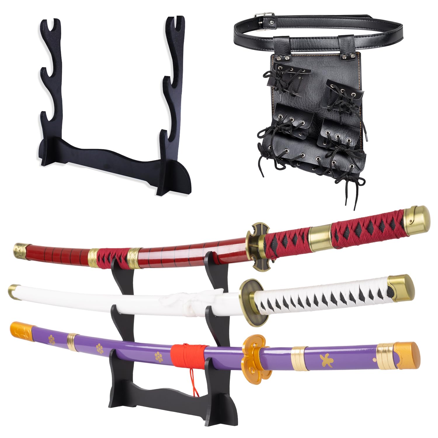 Adust Carbon Steel Roronoa Zoro Swords, Real Metal Anime Sword, Roronoa Zoro Cosplay Costume 41 inch Overall, Japanese Zoro Katana Samurai Sword 3-Piece Set/4-Piece Set