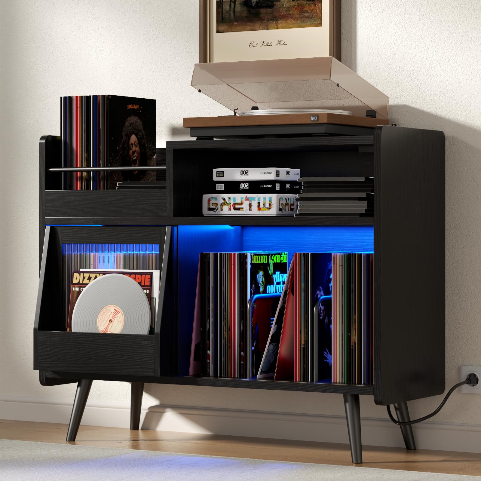 Large Record Player Stand,Turntable Stand Shelf with with Power Outlet and LED Light,Vinyl Record Storage Cabinet Up to 350 Albums, Wood Record Player Holder Table for Living Room