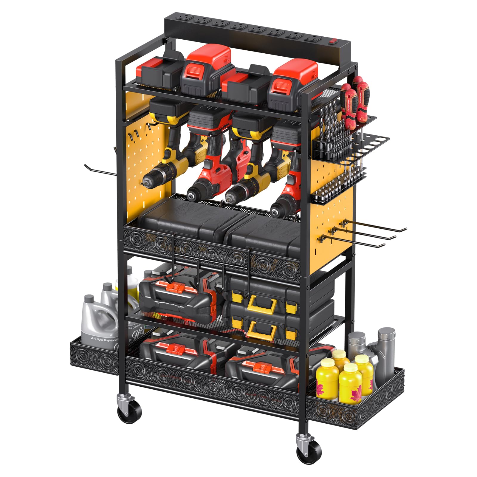 CCCEI Garage Power Tools Organizer Cart with Charging Station, Black Floor Standing Rolling Drill and Tools Battery Storage Cart on Wheels. Utility Rack Gift for Men, Husband, Father.