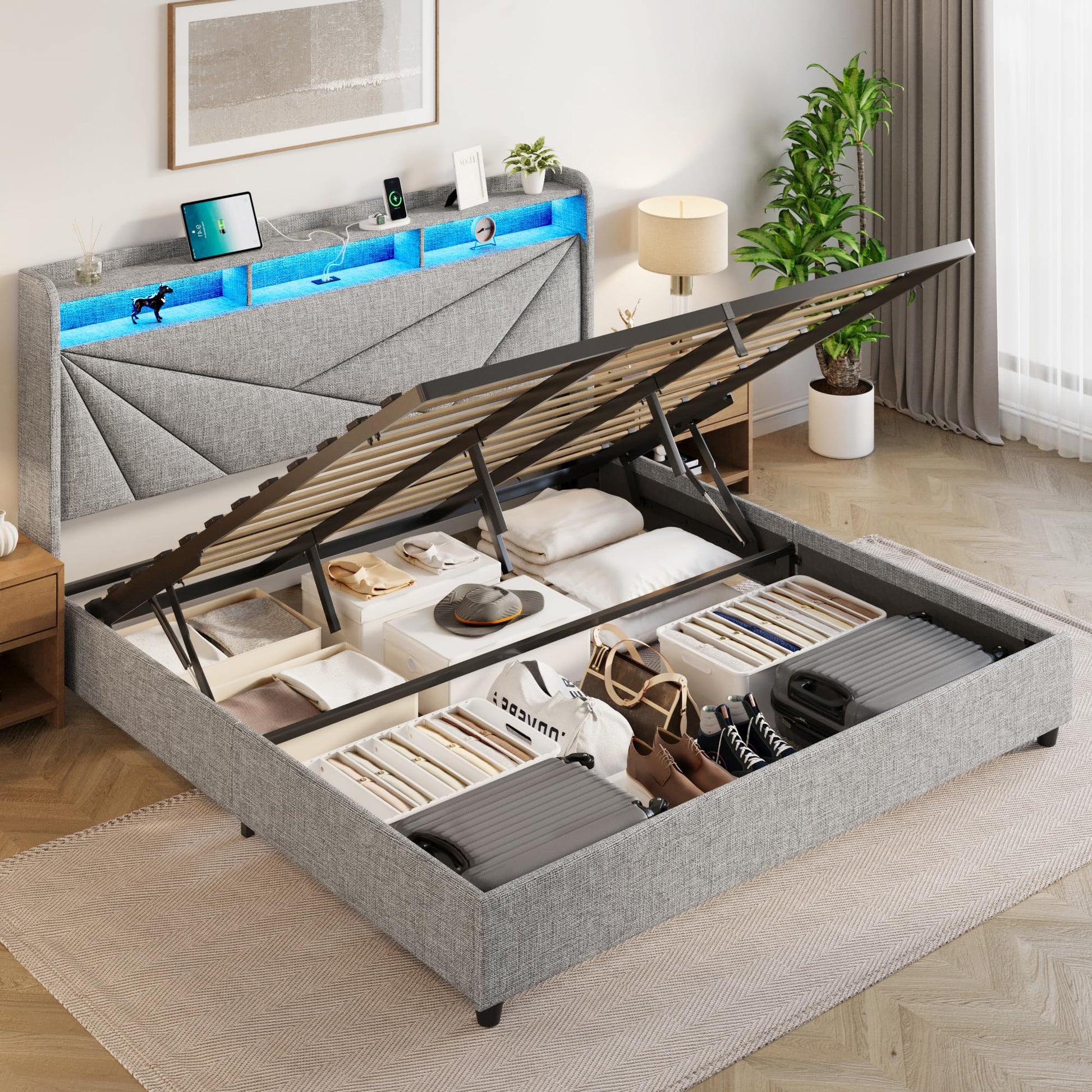 King Size Bed Frame with Storage, Lift Up Upholstered King Bed Frame with Charging Station and LED Lights Headboard, No Box Spring Needed, Easy Assembly - Dark Grey