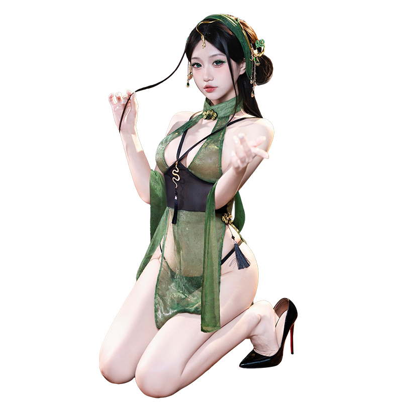 Contemporary Asian Charm See-Through Cheongsam, Enchanting Emerald Blossom Sexy Cheongsam Lingerie