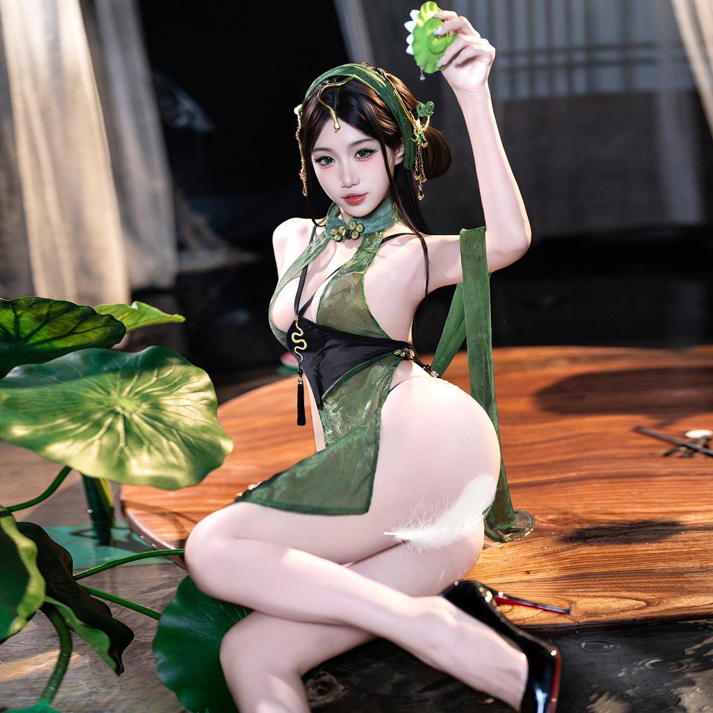Contemporary Asian Charm See-Through Cheongsam, Enchanting Emerald Blossom Sexy Cheongsam Lingerie