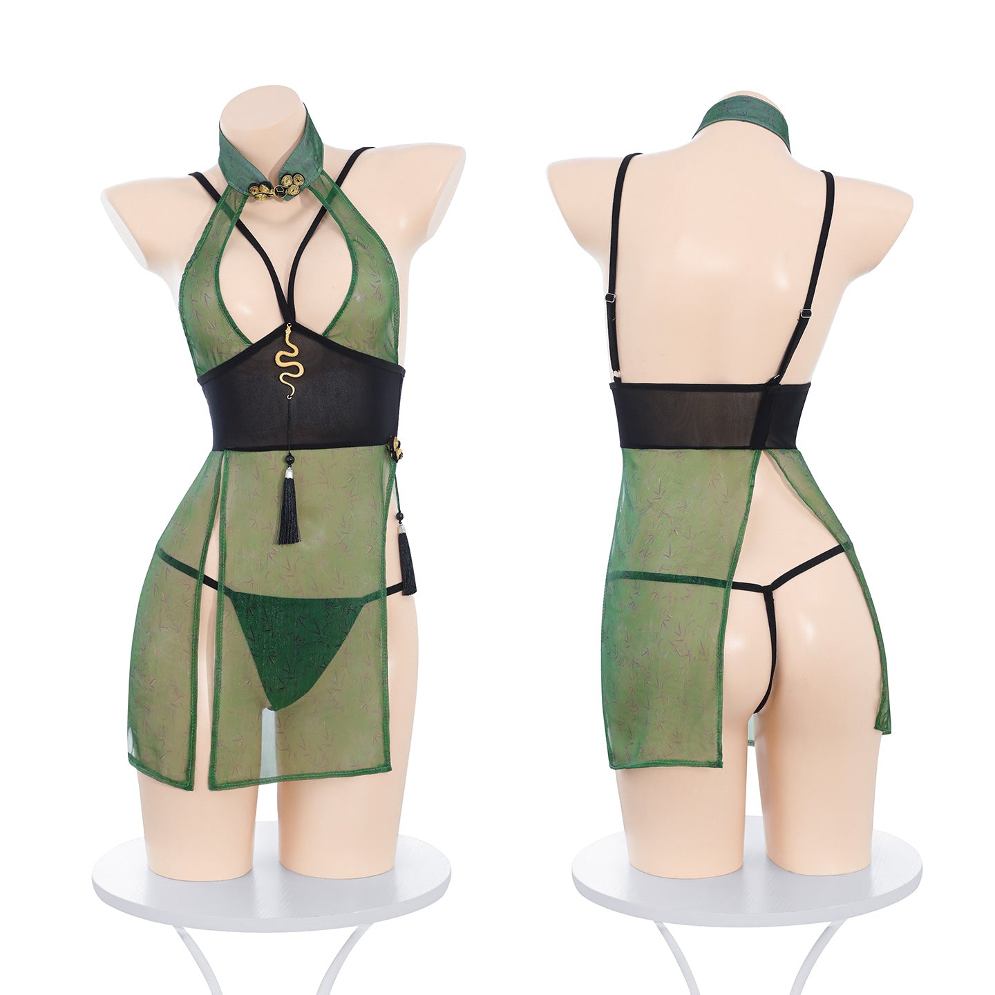 Contemporary Asian Charm See-Through Cheongsam, Enchanting Emerald Blossom Sexy Cheongsam Lingerie