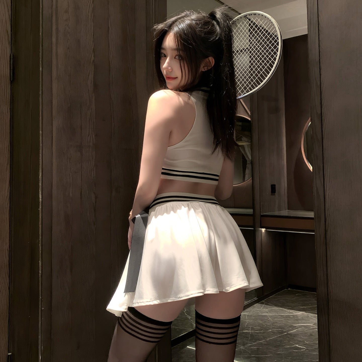 Women's Erotic Sports Two-Piece Tennis Suit | Sexy Athletic Crop Top & Pleated Skirt Set | Goddess Style