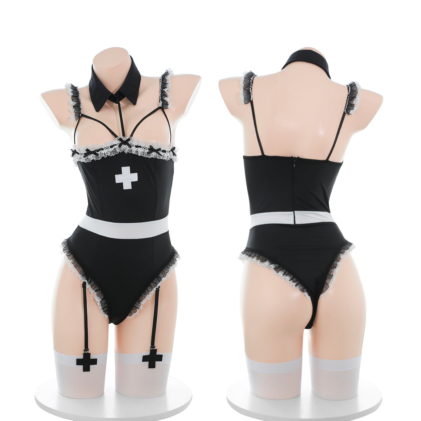 Women's Sexy Nurse Lingerie Set - Crotchless Bodysuit Teddy with Hat & Stockings