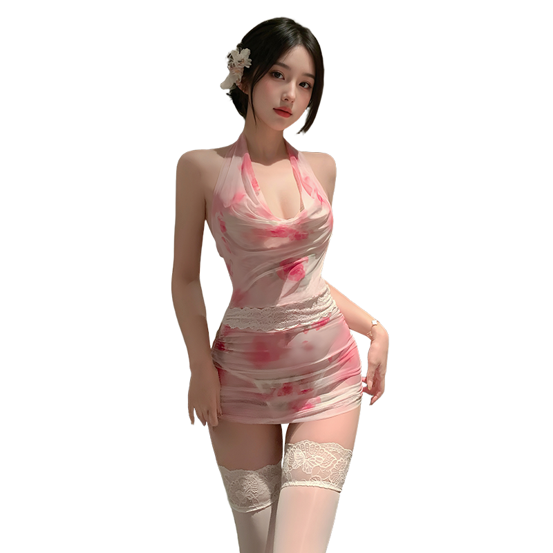 Women's Halter Neck Bodycon Mini Dress - Floral Print Ruched Backless Party Club Dress
